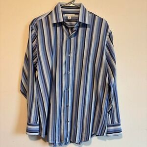 Striped cotton button down dress shirt blue and black